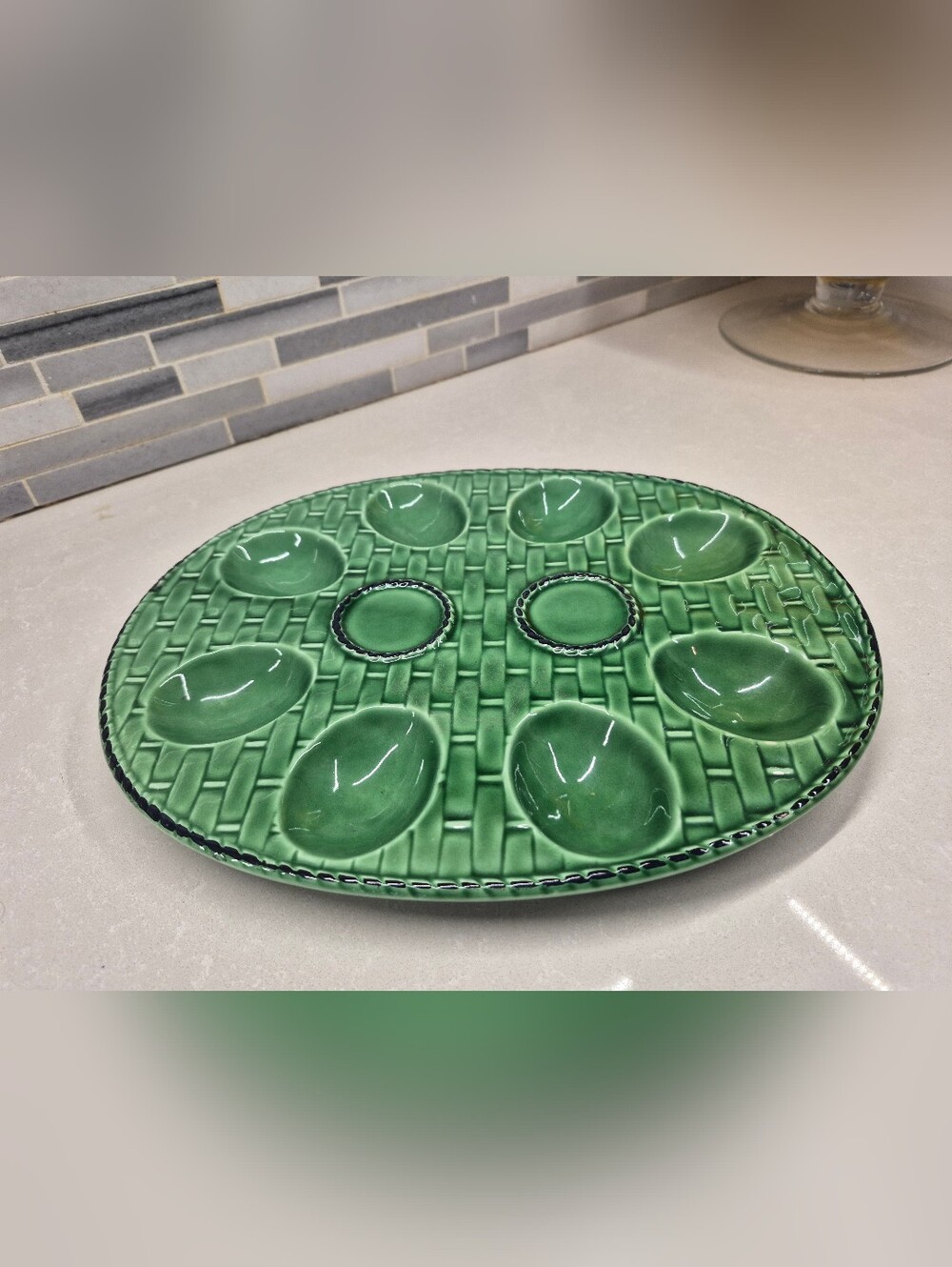 Green Majolica Ceramic Deviled Egg Serving Platter